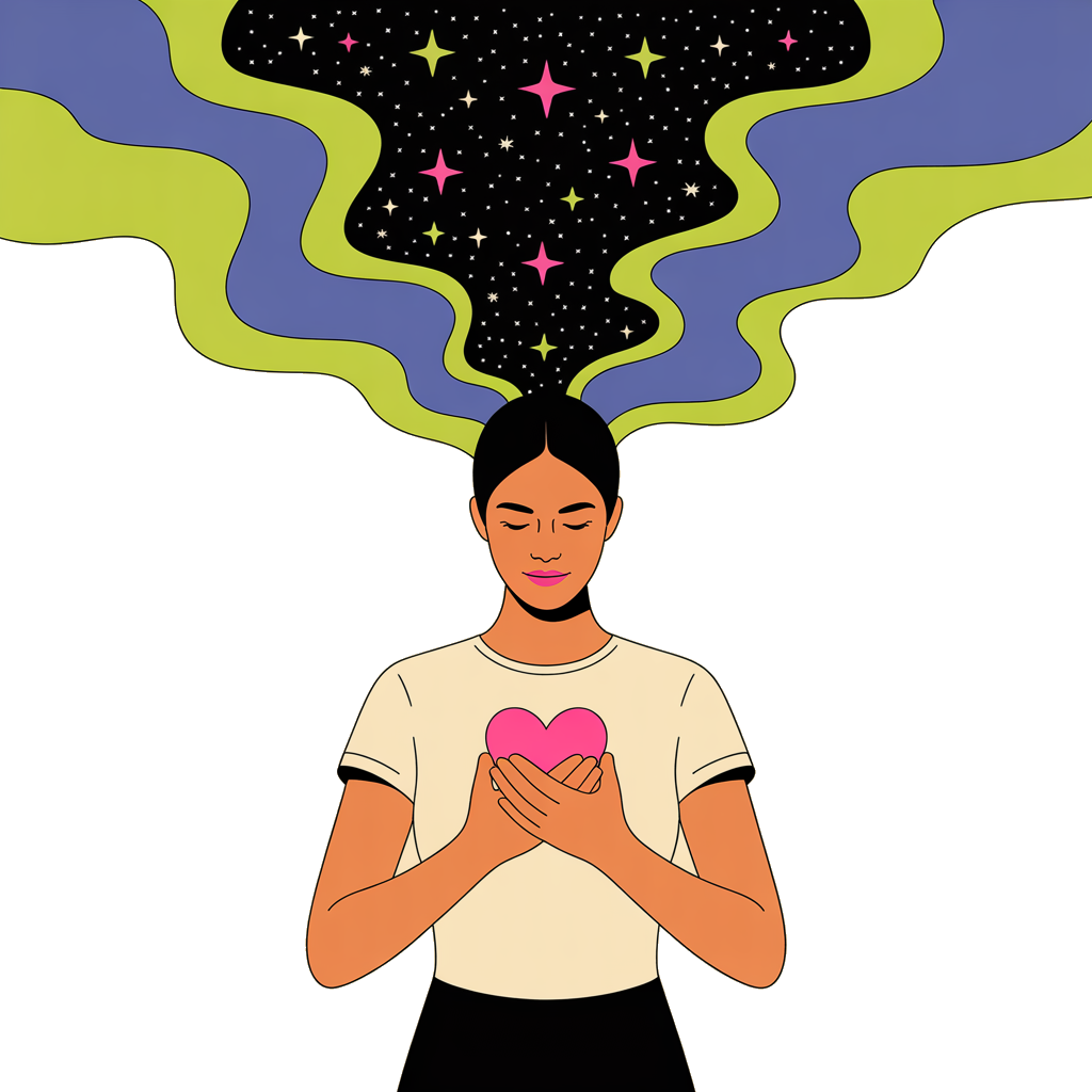 A person cradling a hot-pink heart, a starry cosmos ribbon flowing up from where their head would be.